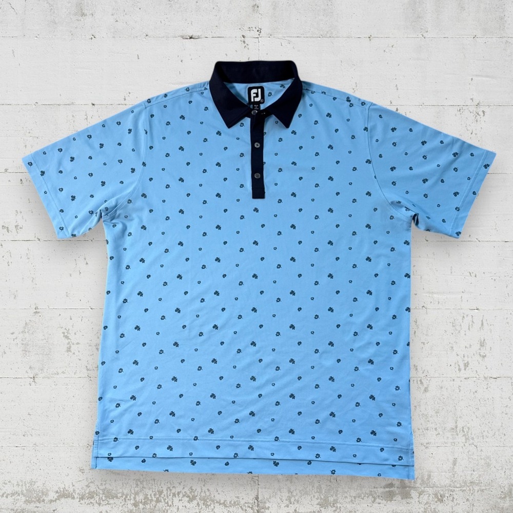 FootJoy Scattered Floral Stretch Pique Self Collar Golf Polo True Blue/Navy XL